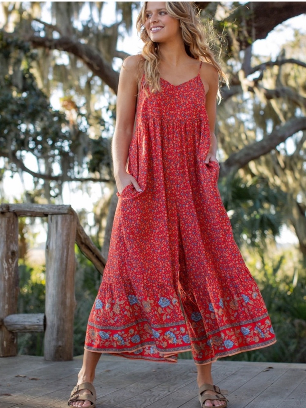 Natural Life Jaime Red Floral Wide-Leg Jumpsuit Border Hem Size Medium